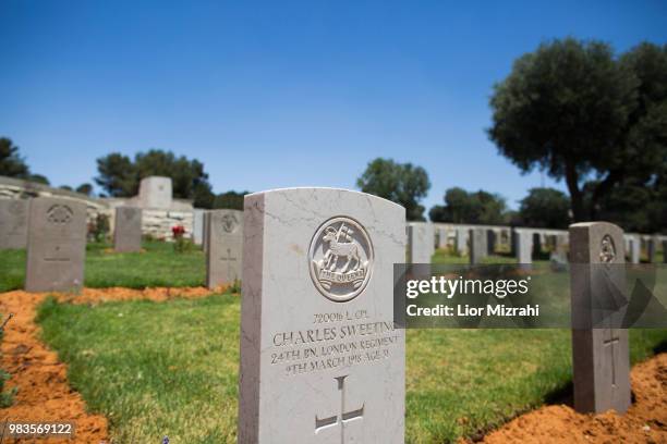 Graves are seen at the British cemetery in Jerusalem for fallen servicemen of the British Commonwealth in the World War I at the Mount Scopus June...