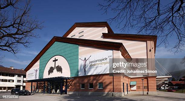 General outside view of the passion play theatre is taken on April 9, 2010 in Oberammergau, Germany. The Oberammergau Passion play, first staged in...