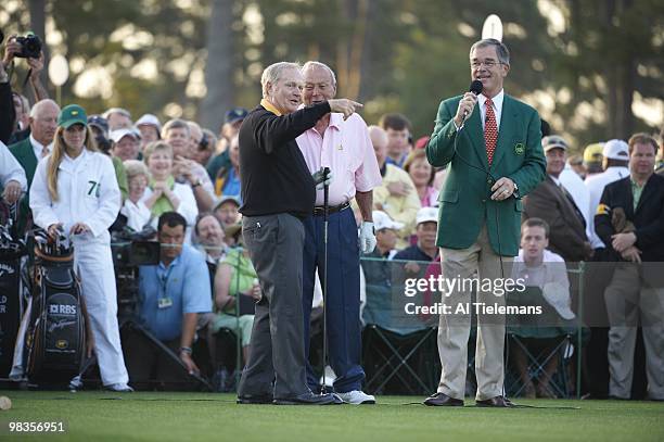 Arnold Palmer, Jack Nicklaus, and Augusta National chairman Billy Payne during ceremonial first tee shot on No 1 before Thursday play at Augusta...