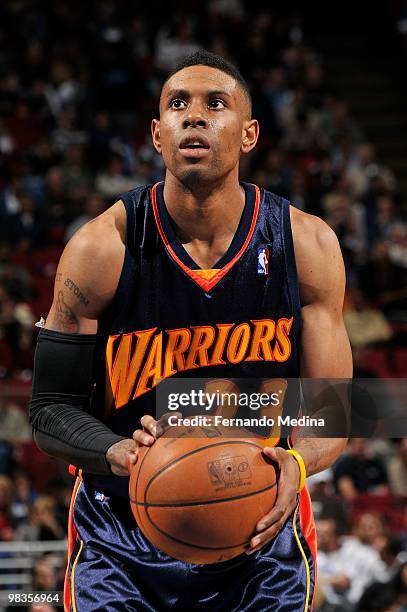 Watson of the Golden State Warriors shoots a free throw during the game against the Orlando Magic on March 3, 2010 at Amway Arena in Orlando,...