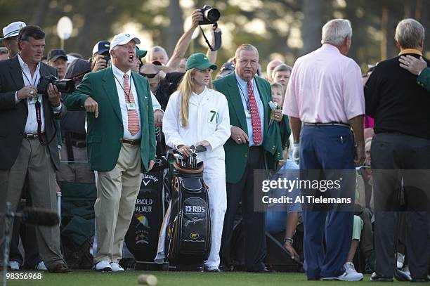 Arnold Palmer, Jack Nicklaus, and Augusta National chairman Billy Payne during ceremonial first tee shot on No 1 before Thursday play at Augusta...