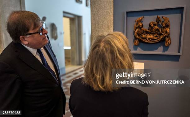 One of the heirs of former owners, a Jewish couple who fled the Nazi regime, Felix de Marez Oyens and his wife Theodora de Marez Oyens stand in front...