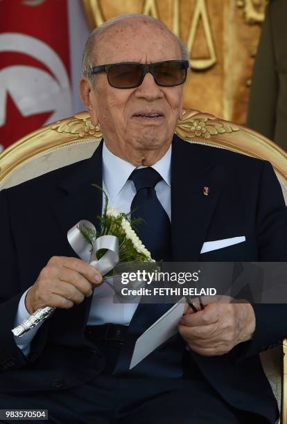 Tunisian president Beji Caid Essebsi attends on June 25, 2018 a ceremony at the port of La Goulette in Tunis on the occasion of National Army's 62nd...