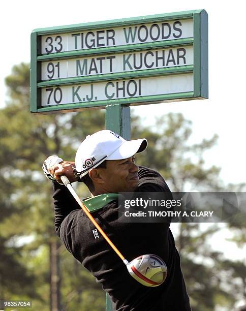 Tiger Woods of the US tees off on the 1st hole during the 2nd round of the 2010 Masters Tournament at Augusta National Golf Club on April 9, 2010 in...