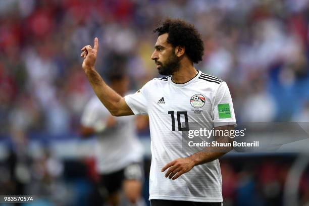 Mohamed Salah of Egypt celebrates after scoring his sides opening goal during the 2018 FIFA World Cup Russia group A match between Saudia Arabia and...