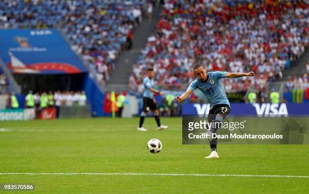 Diego Laxalt of Uruguay scores his team's second goal during the 2018 FIFA World Cup Russia group A match between Uruguay and Russia at Samara Arena...