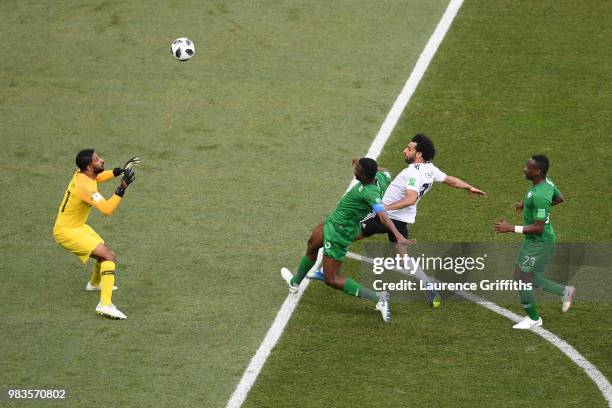 Mohamed Salah of Egypt scores his team's first goal during the 2018 FIFA World Cup Russia group A match between Saudia Arabia and Egypt at Volgograd...