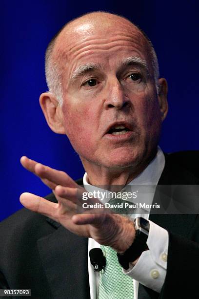 Democratic California Gubernatorial candidate Jerry Brown speaks to the staff of Google at Google headquarters on April 9, 2010 in Mountain View,...