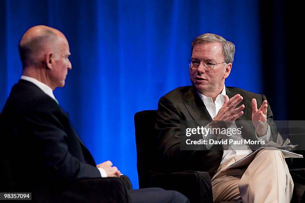 Eric Schmidt, Chairman and Chief Executive Officer of Google speaks with Democratic California Gubernatorial candidate Jerry Brown during a town hall...