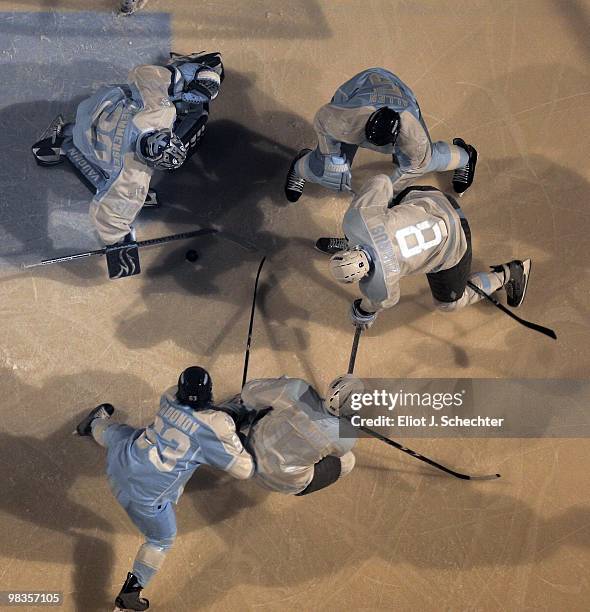 Goaltender Scott Clemmensen of the Florida Panthers defends the net against the New Jersey Devils at the BankAtlantic Center on April 8, 2010 in...