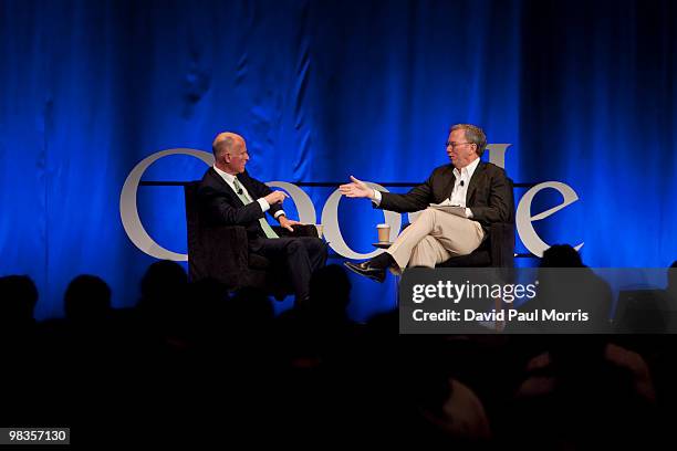 Democratic California Gubernatorial candidate Jerry Brown speaks to Eric Schmidt, Chairman and Chief Executive Officer of Google during a town hall...