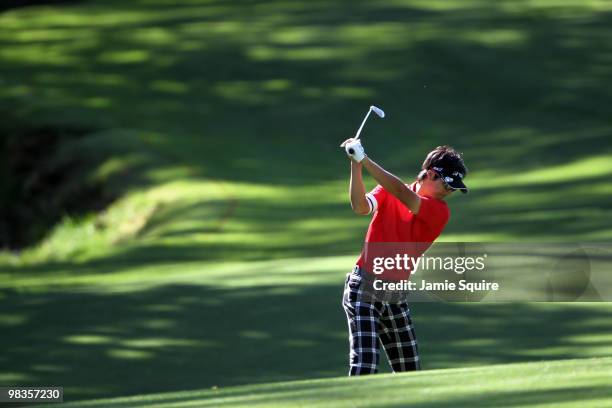 Ryo Ishikawa of Japan hits a shot on the 13th hole during the second round of the 2010 Masters Tournament at Augusta National Golf Club on April 9,...