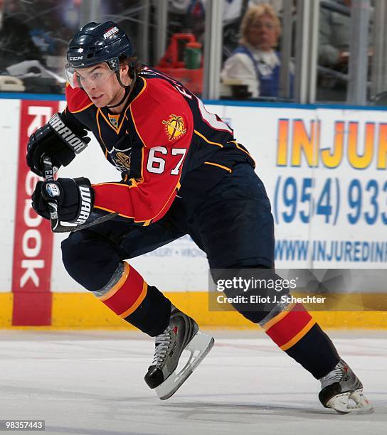 Michael Frolik of the Florida Panthers skates on the ice against the New Jersey Devils at the BankAtlantic Center on April 8, 2010 in Sunrise,...