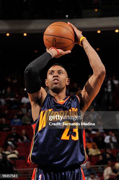 Watson of the Golden State Warriors shoots a free throw during the game against the Orlando Magic on March 3, 2010 at Amway Arena in Orlando,...