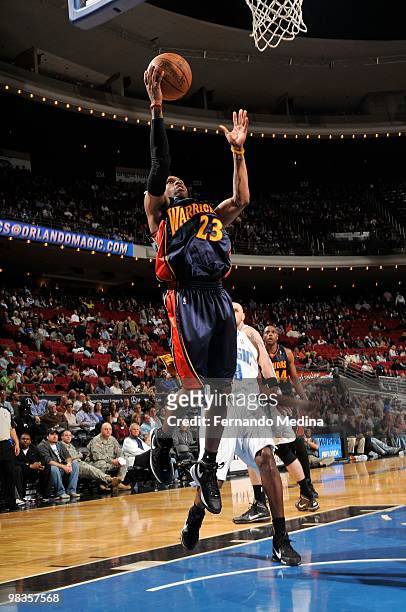 Watson of the Golden State Warriors takes the ball to the basket against the Orlando Magic during the game on March 3, 2010 at Amway Arena in...