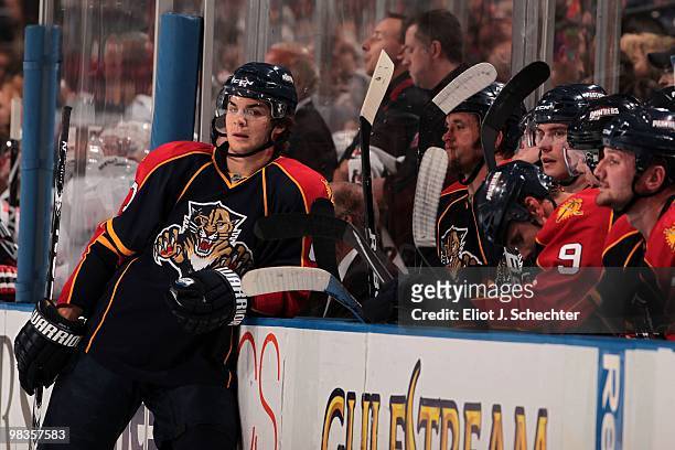 Michael Frolik of the Florida Panthers leans against the boards during a break in the action against the New Jersey Devils at the BankAtlantic Center...
