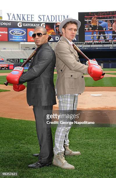 Miguel Cotto and Yuri Foreman attend a press conference for their upcoming fight at Yankee Stadium on April 9, 2010 in the Bronx borough of New York...