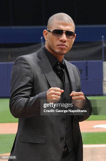 Miguel Cotto attends a press conference for his upcoming fight against Yuri Foreman at Yankee Stadium on April 9, 2010 in the Bronx borough of New...