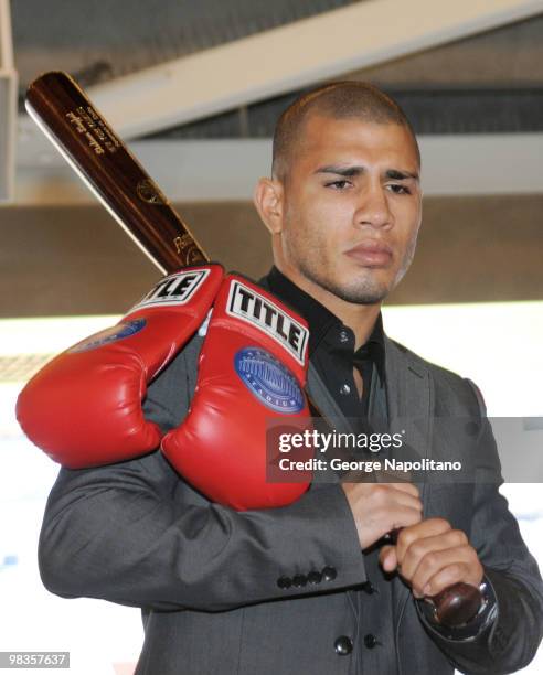 Miguel Cotto attends a press conference for his upcoming fight against Yuri Foreman at Yankee Stadium on April 9, 2010 in the Bronx borough of New...