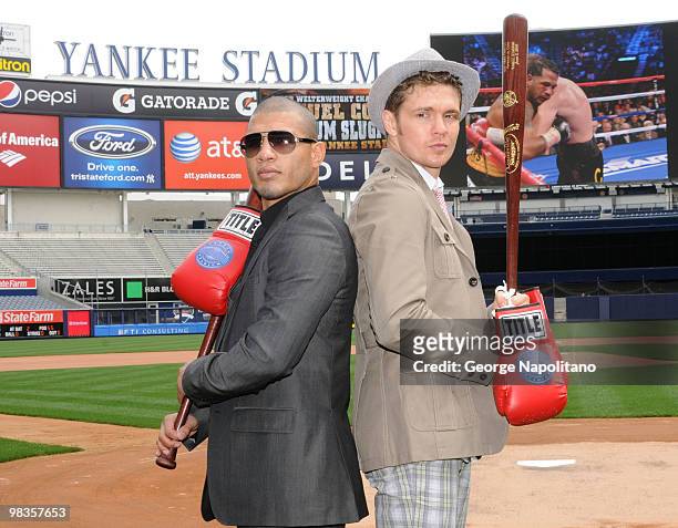Miguel Cotto and Yuri Foreman attend a press conference for their upcoming fight at Yankee Stadium on April 9, 2010 in the Bronx borough of New York...