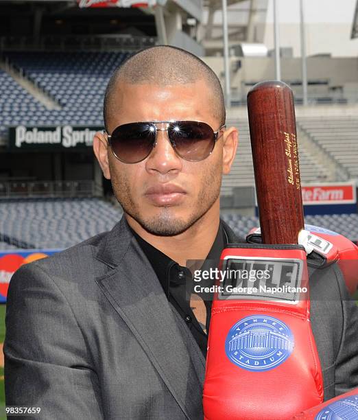 Miguel Cotto attends a press conference for his upcoming fight against Yuri Foreman at Yankee Stadium on April 9, 2010 in the Bronx borough of New...