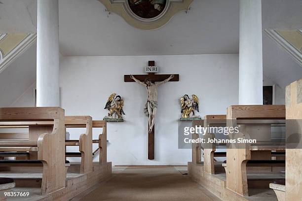 An angel adoring Christ, detail of baroque style Catholic parish church, is seen at historic city center on April 9, 2010 in Oberammergau, Germany....