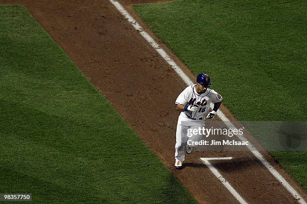 Angel Pagan of the New York Mets runs against the Florida Marlins on April 8, 2010 at Citi Field in the Flushing neighborhood of the Queens borough...
