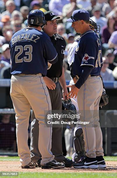 Manager Bud Black of the San Diego Padres defends Adrian Gonzalez who argued with homplate umpire Mike DiMuro that he was hit by a pitch by starting...