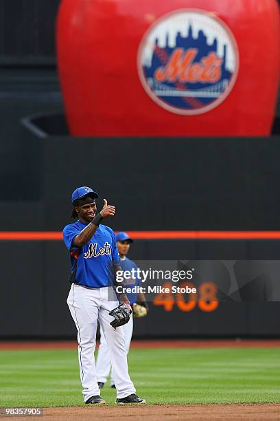 Jose Reyes of the New York Mets takes fielding practise prior to their game against the Washington Nationals on April 9, 2010 at Citi Field in the...