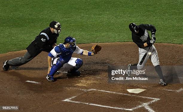 Cody Ross of the Florida Marlins bats against the New York Mets on April 8, 2010 at Citi Field in the Flushing neighborhood of the Queens borough of...