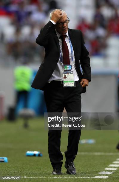 Hector Cuper, Head coach of Egypt reacts during the 2018 FIFA World Cup Russia group A match between Saudia Arabia and Egypt at Volgograd Arena on...