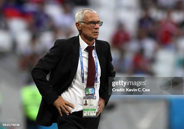 Hector Cuper, Head coach of Egypt looks on during the 2018 FIFA World Cup Russia group A match between Saudia Arabia and Egypt at Volgograd Arena on...