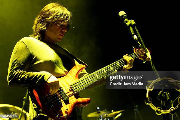 Luis Alberto Portela, bassist of Mexican band Elefante, performs during their showcase at the Aldama Teather on April 9, 2010 in Mexico City, Mexico.