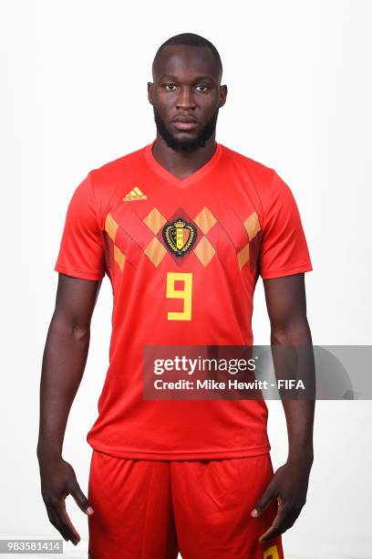 Romelu Lukaku of Belgium poses for a portrait during the official FIFA World Cup 2018 portrait session at the Moscow Country Club on June 14, 2018 in...