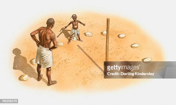 ilustraciones, imágenes clip art, dibujos animados e iconos de stock de illustration of man and boy standing at an early sundial, using a stick known as gnomon, ancient egypt - egyptian culture