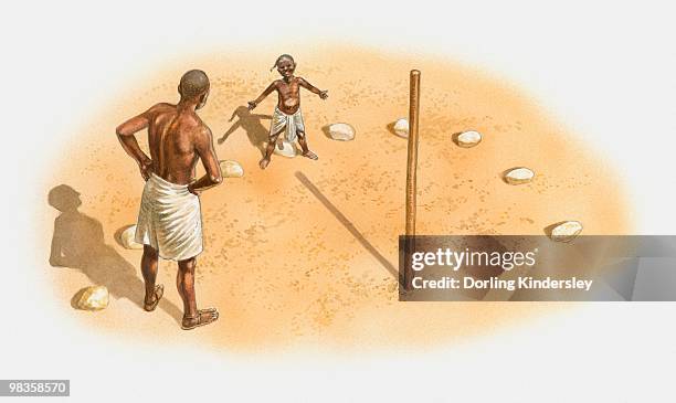 illustration of man and boy standing at an early sundial, using a stick known as gnomon, ancient egypt - ancient sundials stock illustrations