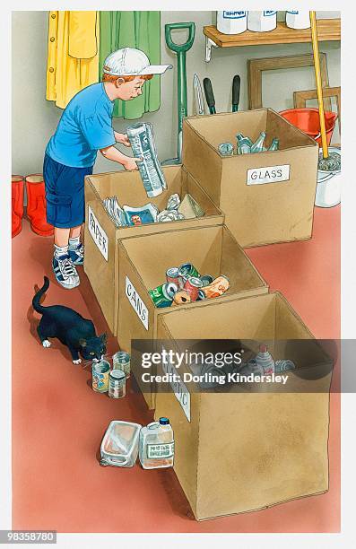 illustration of boy placing newspaper in paper container, various other recycling containers nearby - warehouse interior stock illustrations