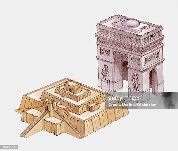 ilustraciones, imágenes clip art, dibujos animados e iconos de stock de illustration of ziggurat of ur, a mesopotamian temple located in iraq, shown in size comparison with arc de triomphe, paris, france - ziggurat of ur