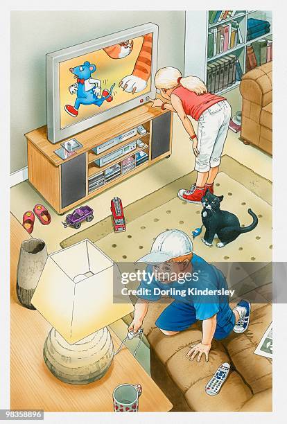 illustrations, cliparts, dessins animés et icônes de illustration of boy and girl in living room, girl turning off switch on tv, boy turning off switch on lamp - chat canapé