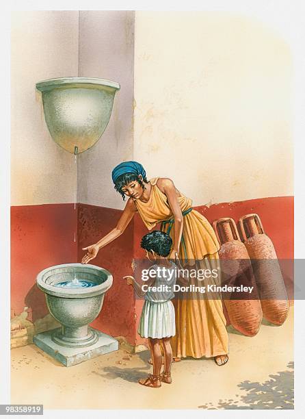 illustration of woman and boy standing in front of a water clock as used in ancient greece - grecian urns stock illustrations