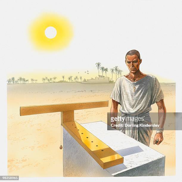 illustration of man standing next to a t-shaped sundial, ancient egypt - north african ethnicity stock-grafiken, -clipart, -cartoons und -symbole
