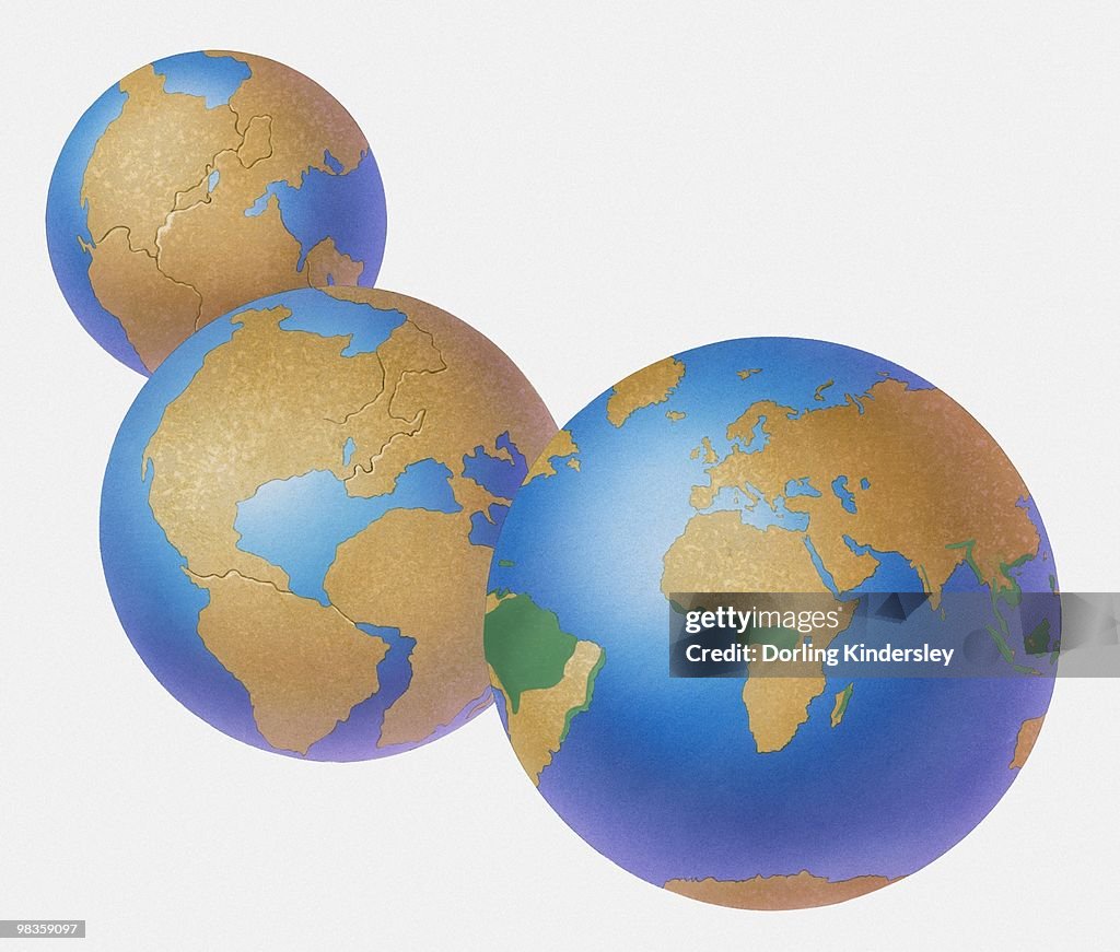 Sequence of llustrations showing how the Earth has changed from Pangaea, the crust moving with continents breaking apart, and how the world looks today