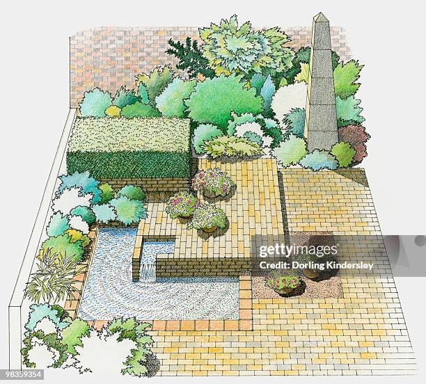 illustration of a walled, paved patio garden with pond and sculptural feature - hirshhorn-museum-and-sculpture-garden stock illustrations