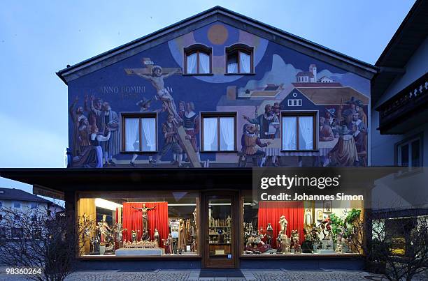 Wood carver's shop is seen at historic city center during dusk on April 9, 2010 in Oberammergau, Germany. Oberammergau is currently preparing the...