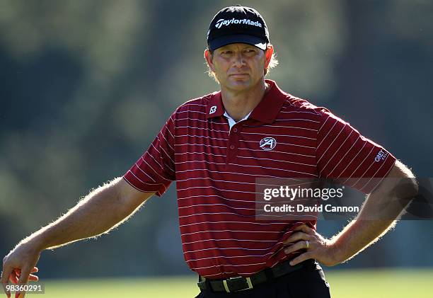 Retief Goosen of South Africa waits on the 14th hole during the second round of the 2010 Masters Tournament at Augusta National Golf Club on April 9,...