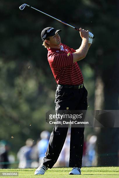 Retief Goosen of South Africa watches a shot on the 14th hole during the second round of the 2010 Masters Tournament at Augusta National Golf Club on...