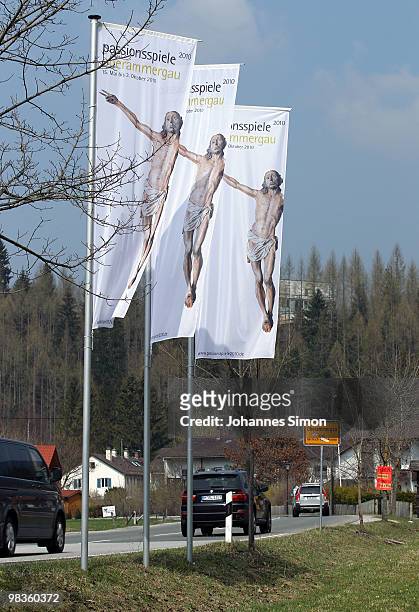 Banners, showing a historic depiction of the suffering Christ, announce the upcoming passion play season on April 9, 2010 in Oberammergau, Germany....