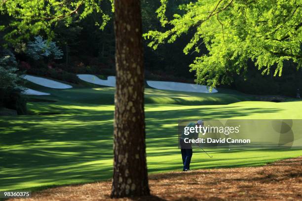 Hunter Mahan plays his second shot on the 13th hole during the second round of the 2010 Masters Tournament at Augusta National Golf Club on April 9,...