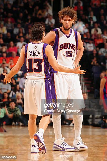 Steve Nash and Robin Lopez of the Phoenix Suns talk on the court during the game against the Los Angeles Clippers on February 26, 2010 at U.S....