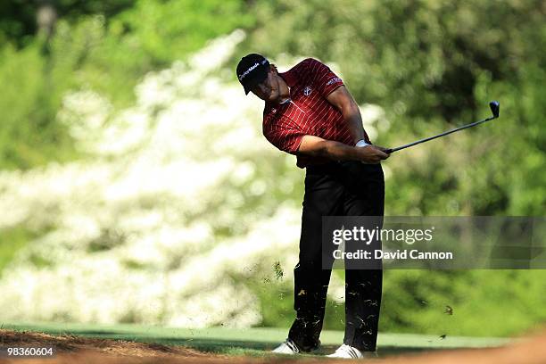 Retief Goosen of South Africa plays a shot on the 11th hole during the second round of the 2010 Masters Tournament at Augusta National Golf Club on...